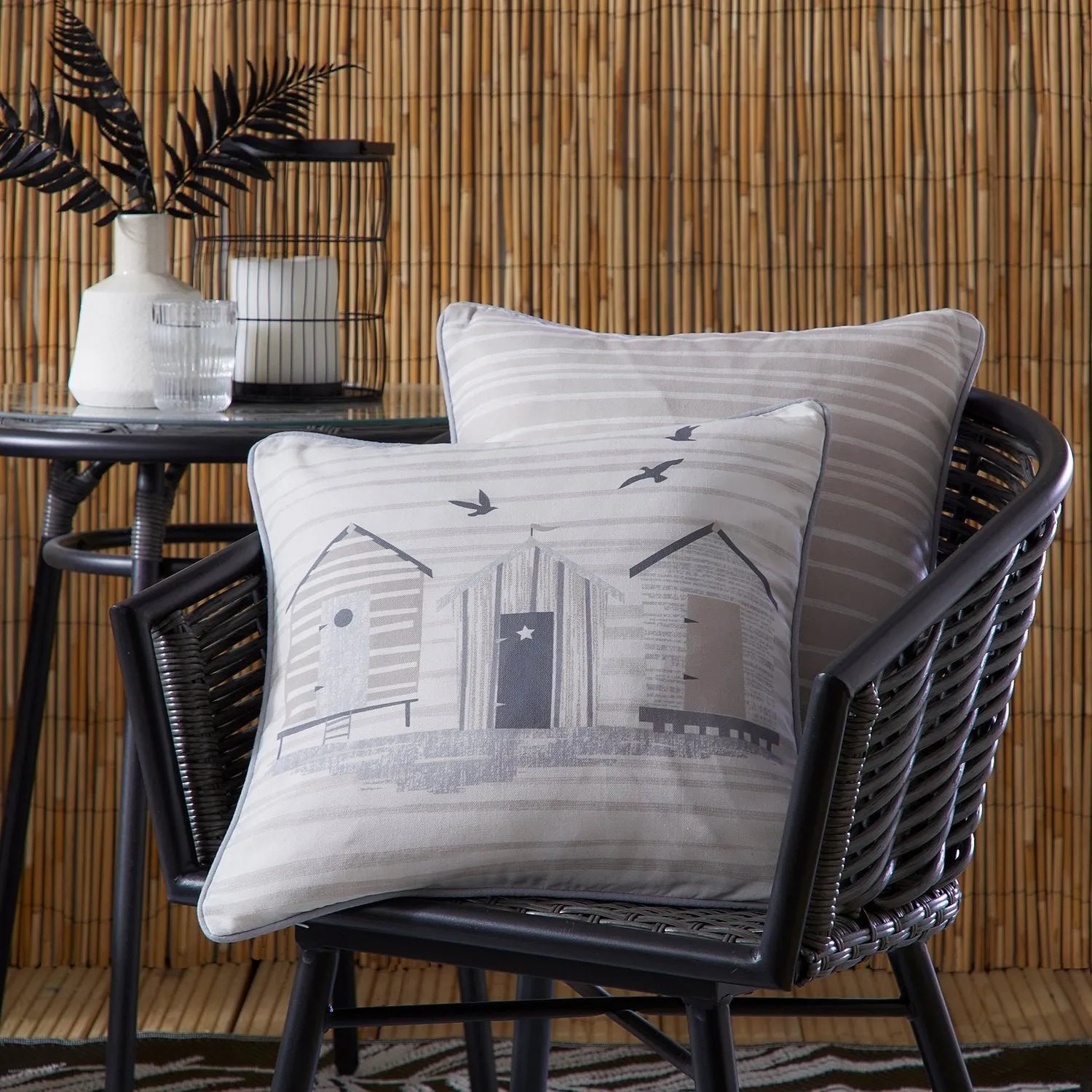 Beach Huts Natural Outdoor Cushion (43cm x 43cm)