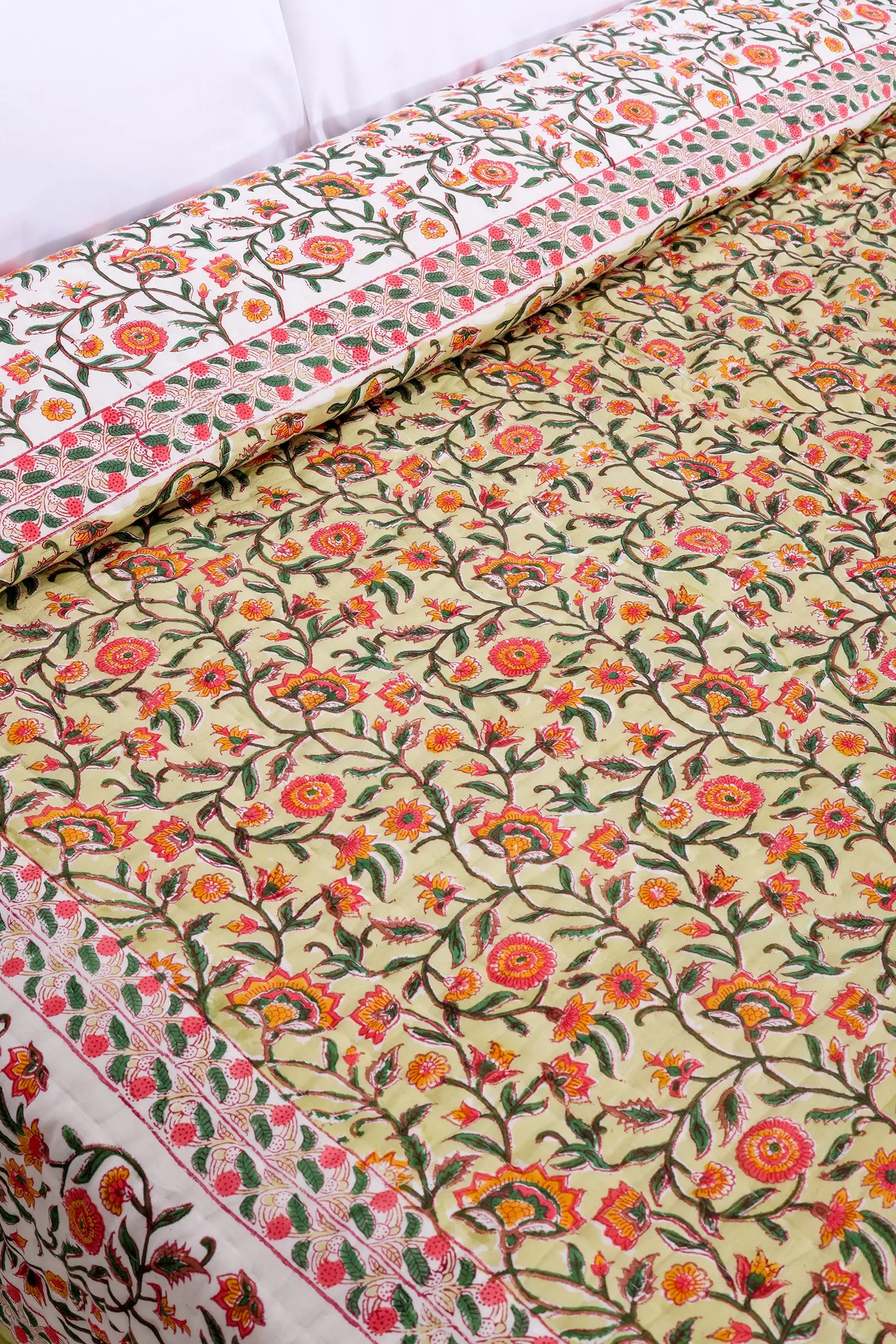 Chainika Flower Garden Hand Block Printed Green Cotton Muslin Quilt