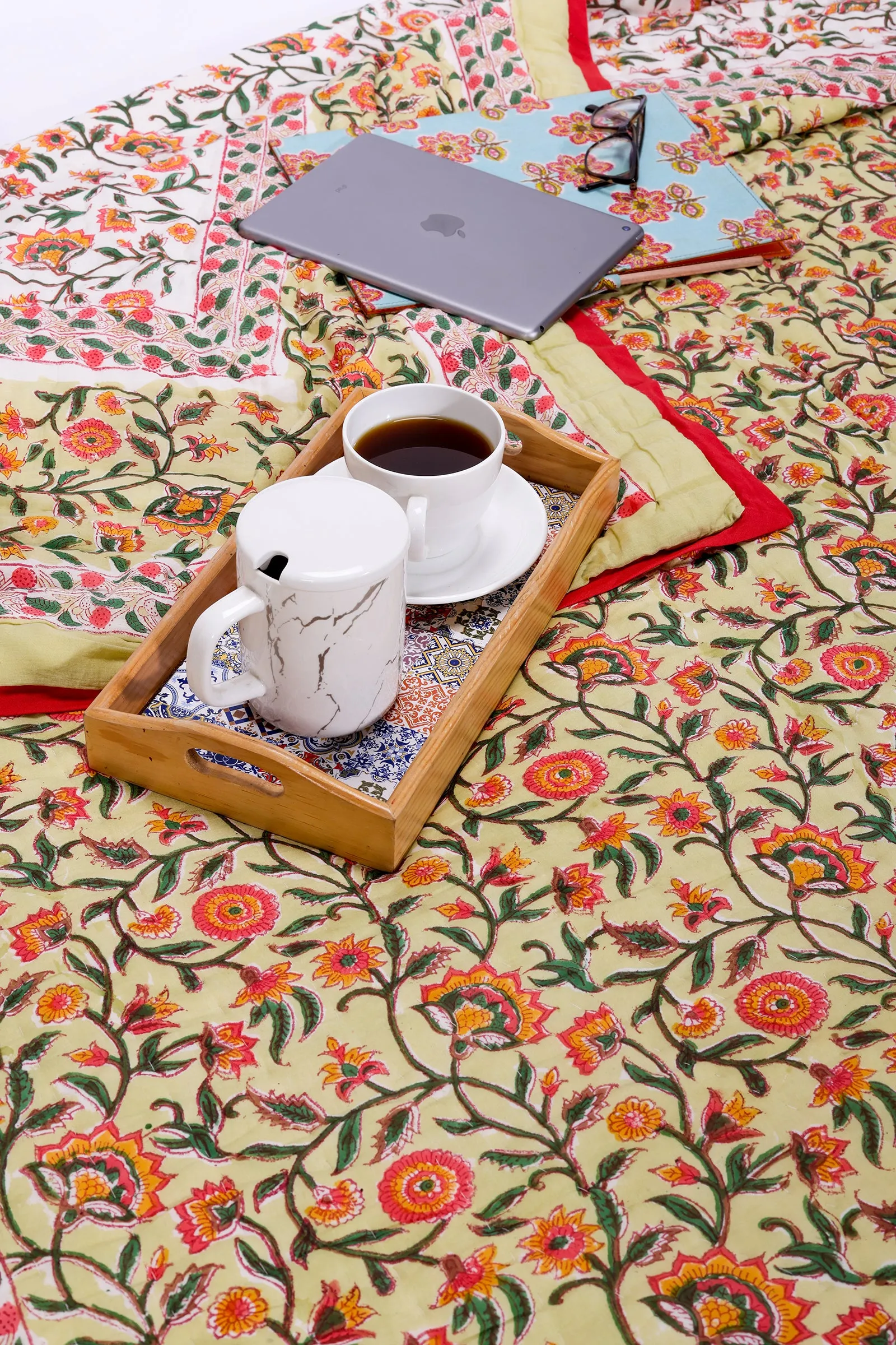 Chainika Flower Garden Hand Block Printed Green Cotton Muslin Quilt