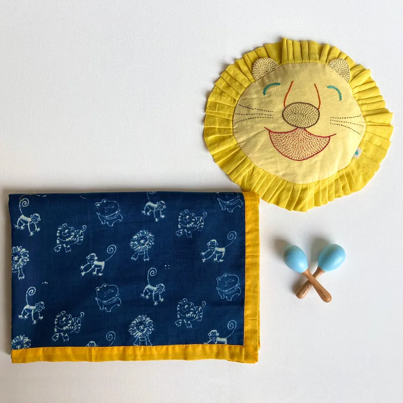 Dohar, Pillow & Maracas Set For Baby | Soft Cotton | Hand-Block Print | Pack Of 4