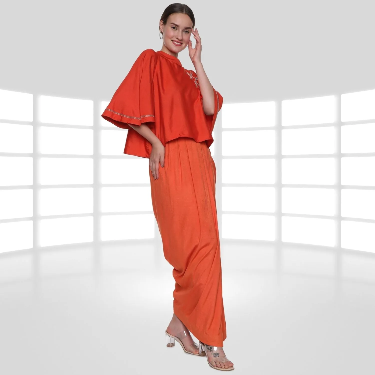 Emilia Tussar Co-ord Set | Crop Top & Dhoti Skirt | Embroidered | Orange