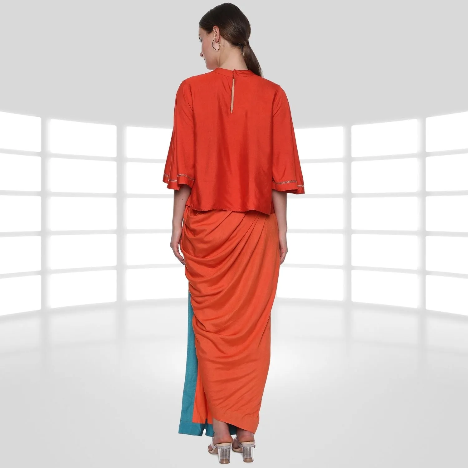 Emilia Tussar Co-ord Set | Crop Top & Dhoti Skirt | Embroidered | Orange