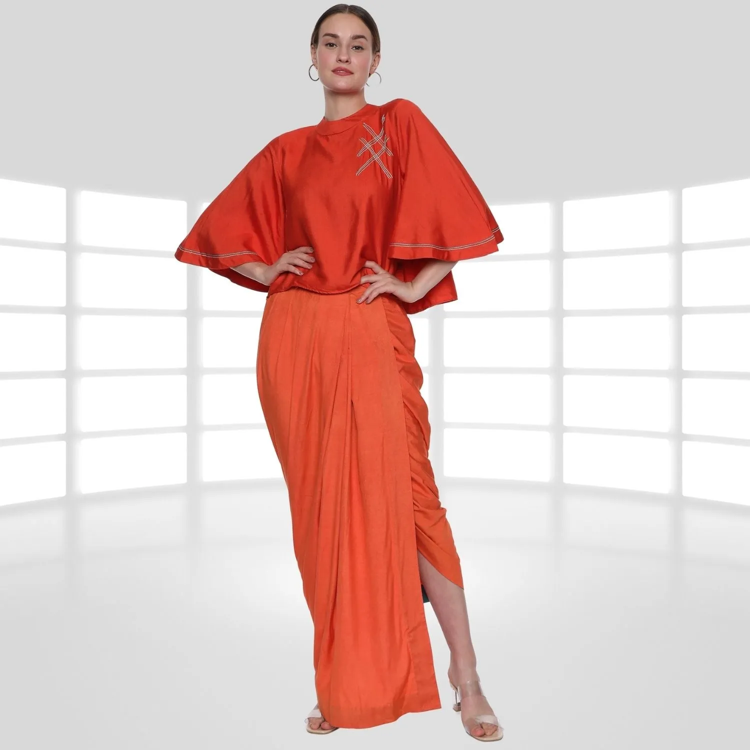 Emilia Tussar Co-ord Set | Crop Top & Dhoti Skirt | Embroidered | Orange
