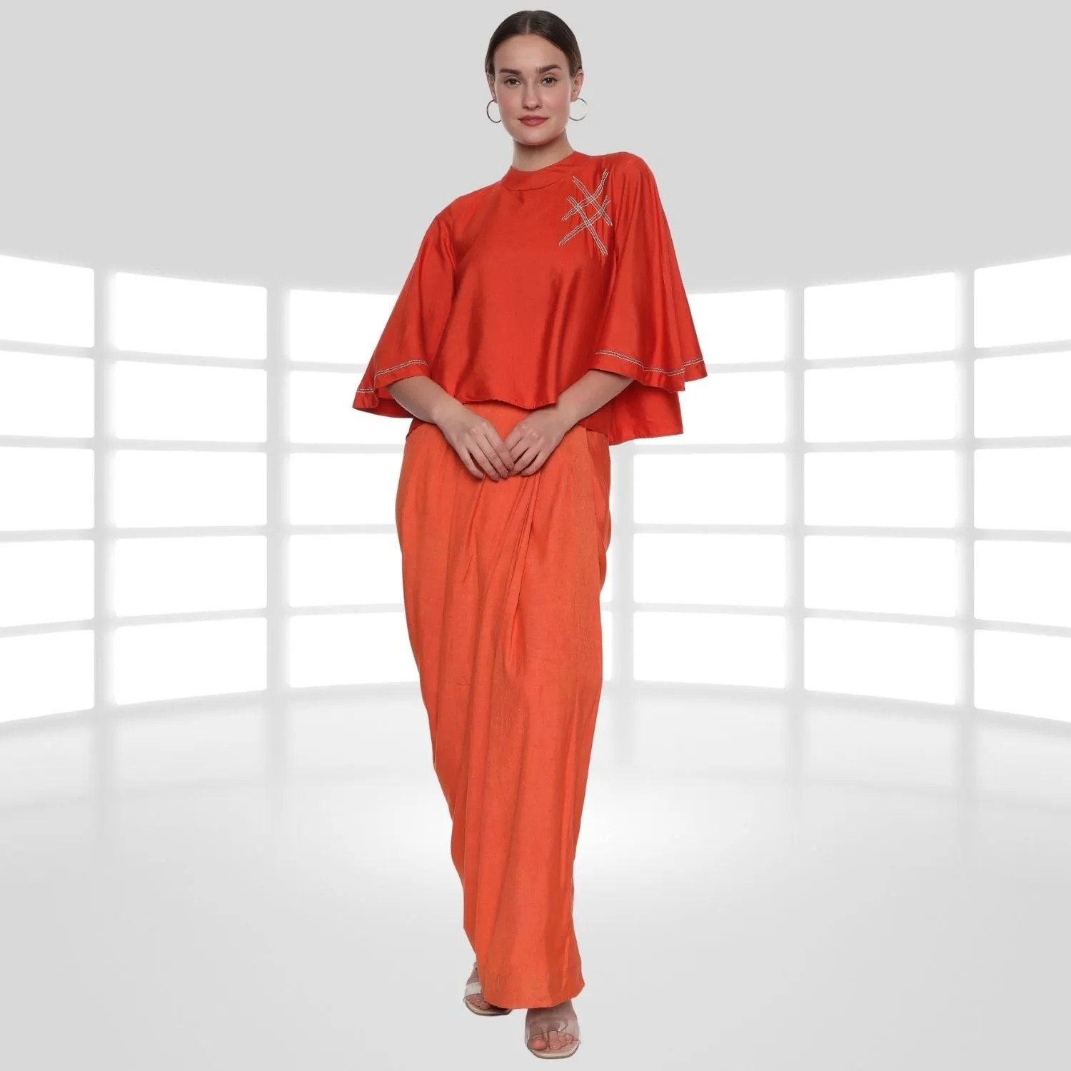 Emilia Tussar Co-ord Set | Crop Top & Dhoti Skirt | Embroidered | Orange