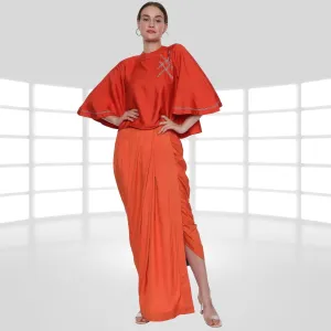 Emilia Tussar Co-ord Set | Crop Top & Dhoti Skirt | Embroidered | Orange