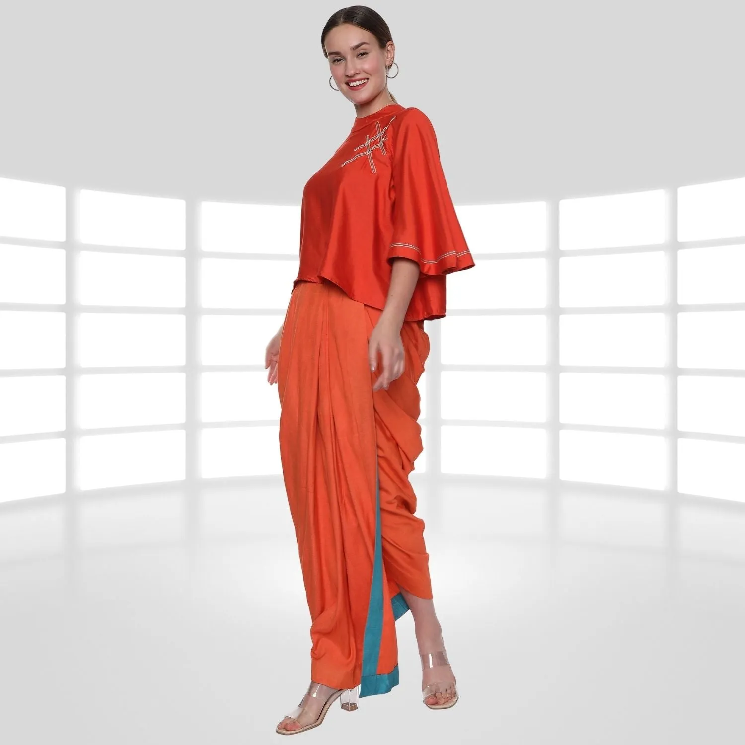 Emilia Tussar Co-ord Set | Crop Top & Dhoti Skirt | Embroidered | Orange