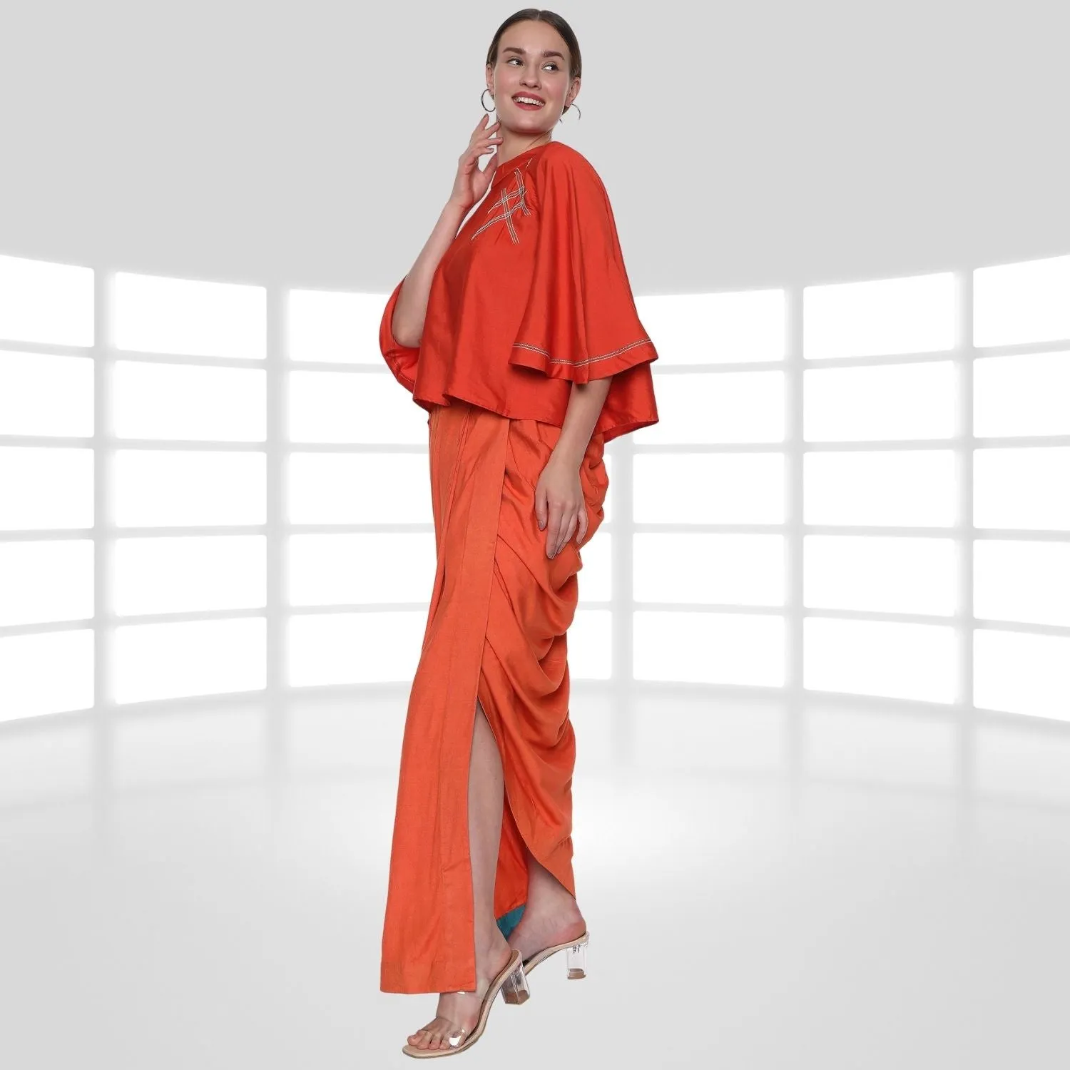 Emilia Tussar Co-ord Set | Crop Top & Dhoti Skirt | Embroidered | Orange