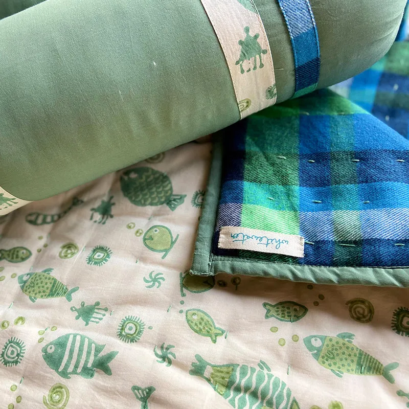 Fish Print Newborn Bedding Set In Green | Soft Cotton | Pack Of 4