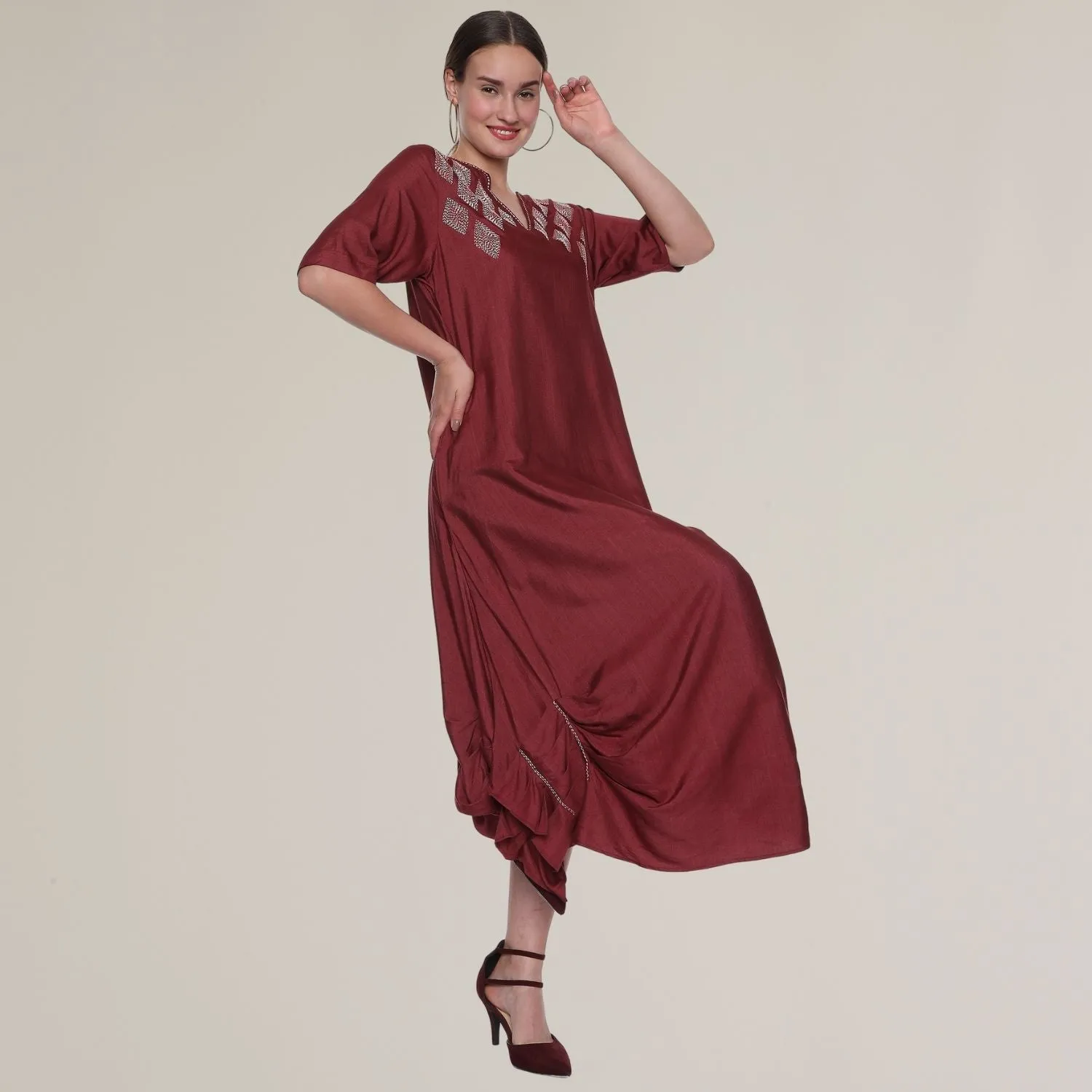 Greta Cowl Tunic | Sujani Embroidery | Hand-Crafted | Maroon