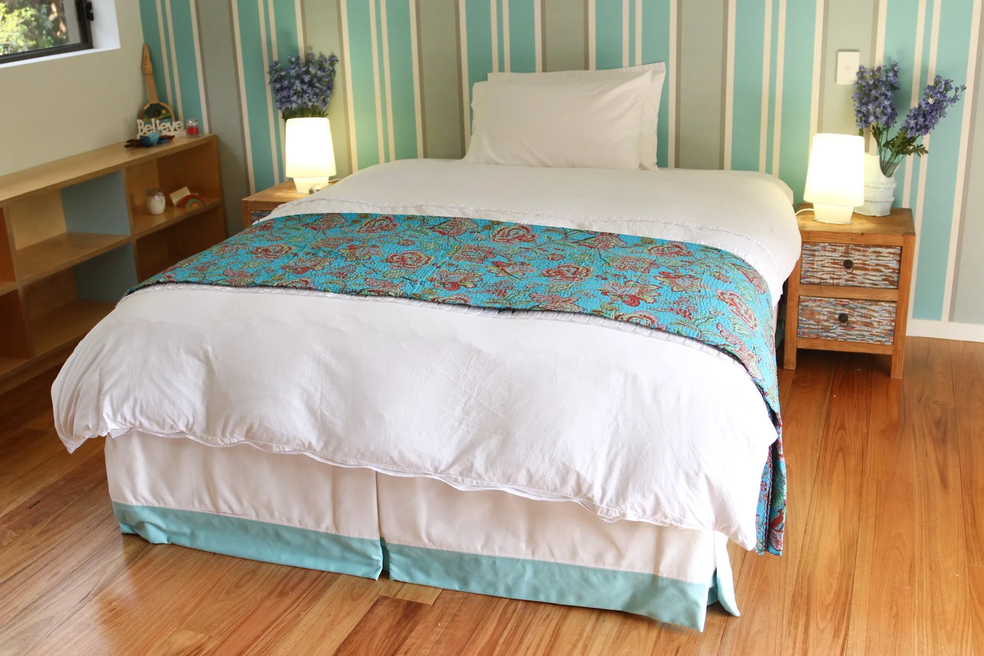 Kantha Botanical Quilt in Aqua - Double & King