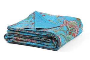 Kantha Botanical Quilt in Aqua - Double & King