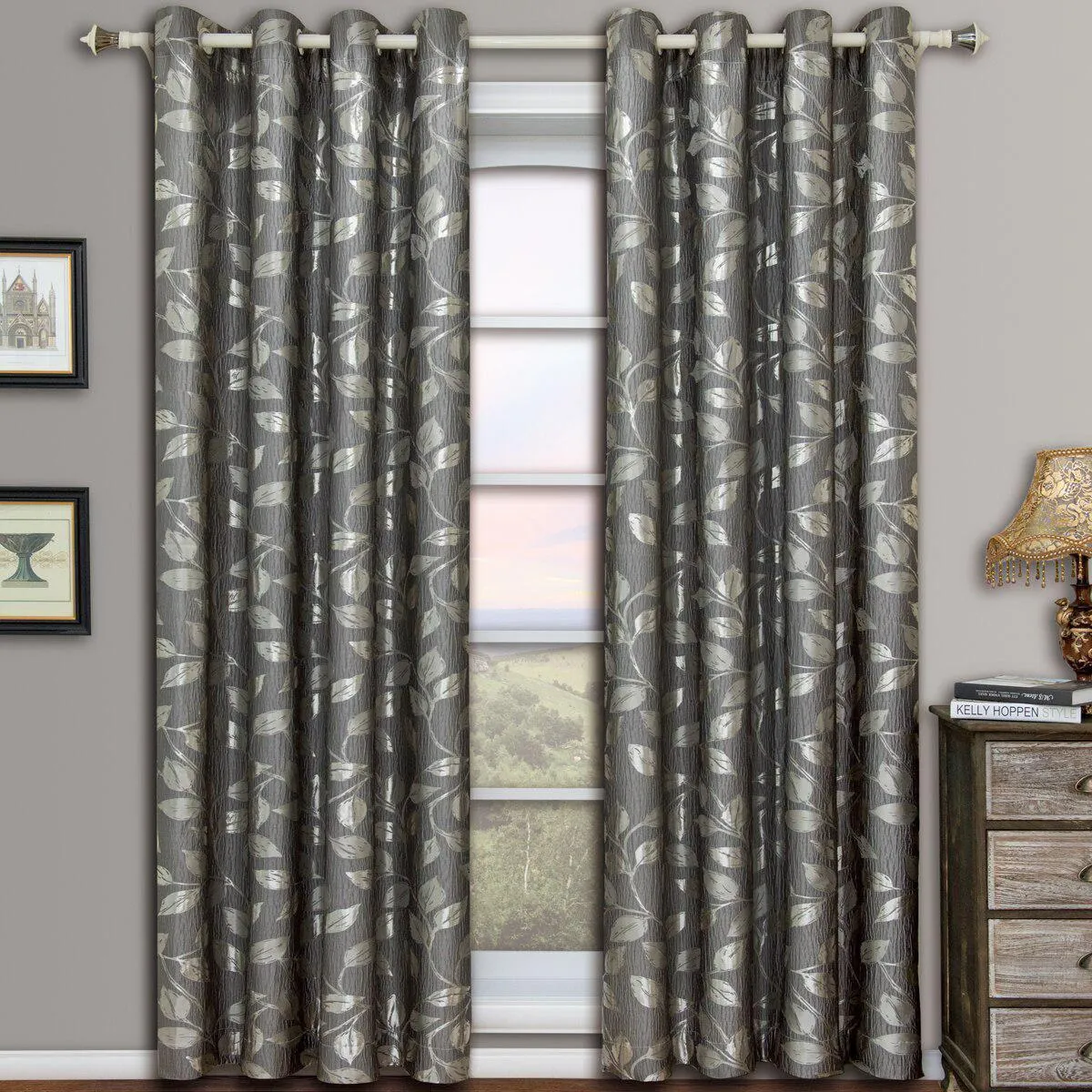 Pair Charlotte Leafy Jacquard Drapes Grommet Window Curtains (Set of 2 Panels)