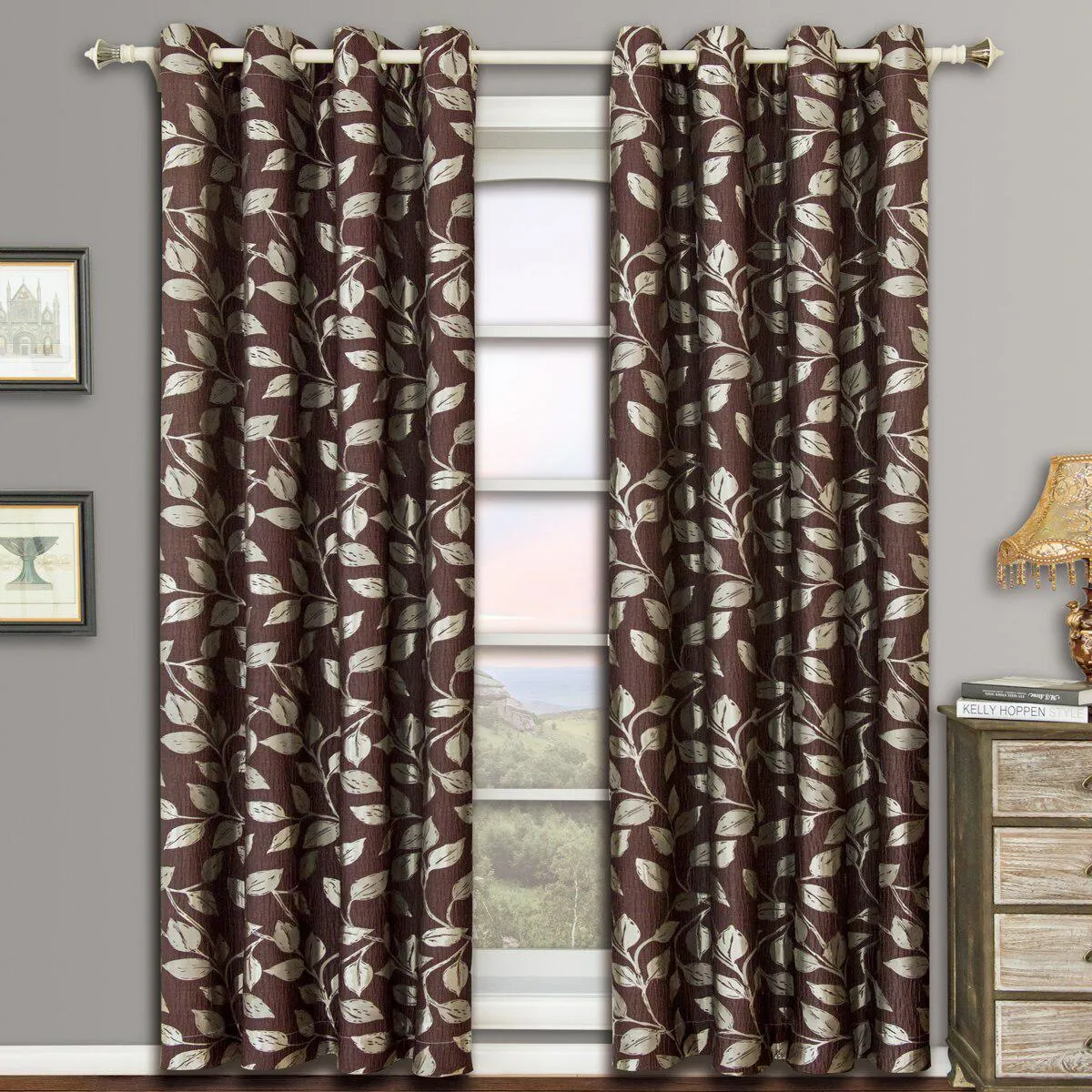 Pair Charlotte Leafy Jacquard Drapes Grommet Window Curtains (Set of 2 Panels)