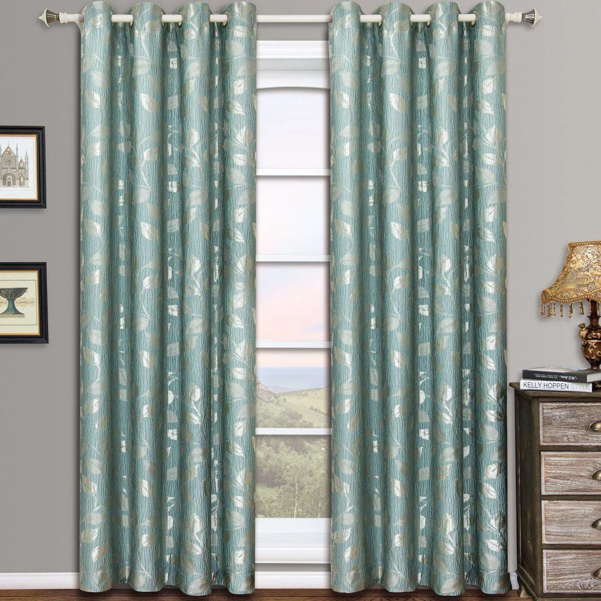 Pair Charlotte Leafy Jacquard Drapes Grommet Window Curtains (Set of 2 Panels)