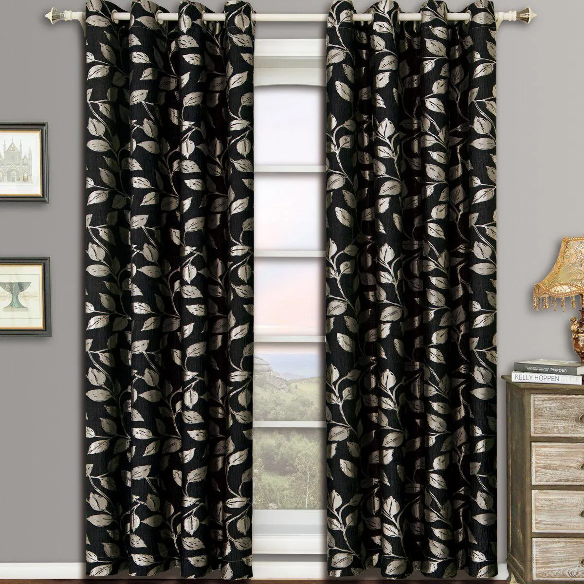Pair Charlotte Leafy Jacquard Drapes Grommet Window Curtains (Set of 2 Panels)
