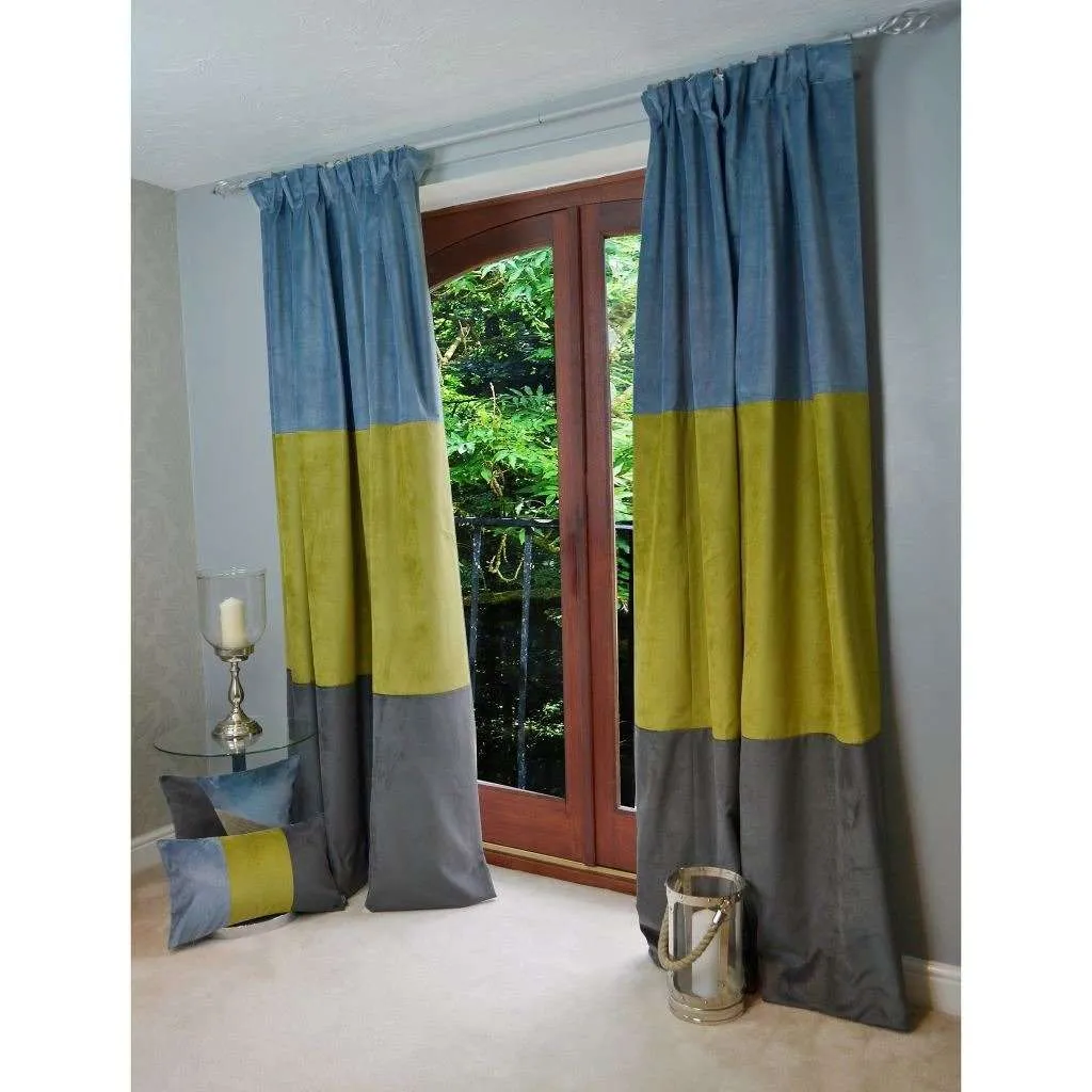 Patchwork Velvet Blue, Green   Grey Curtains