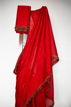 Red tissue Jhilmil saree