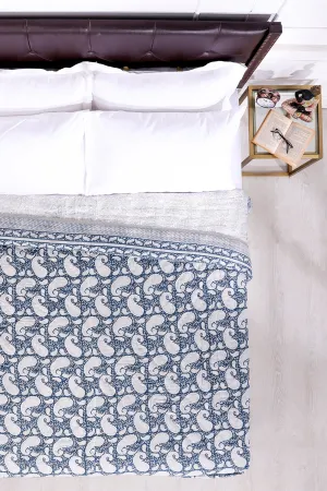 Sunderban Paisely Hand Block Printed Grey Cotton Muslin Quilt