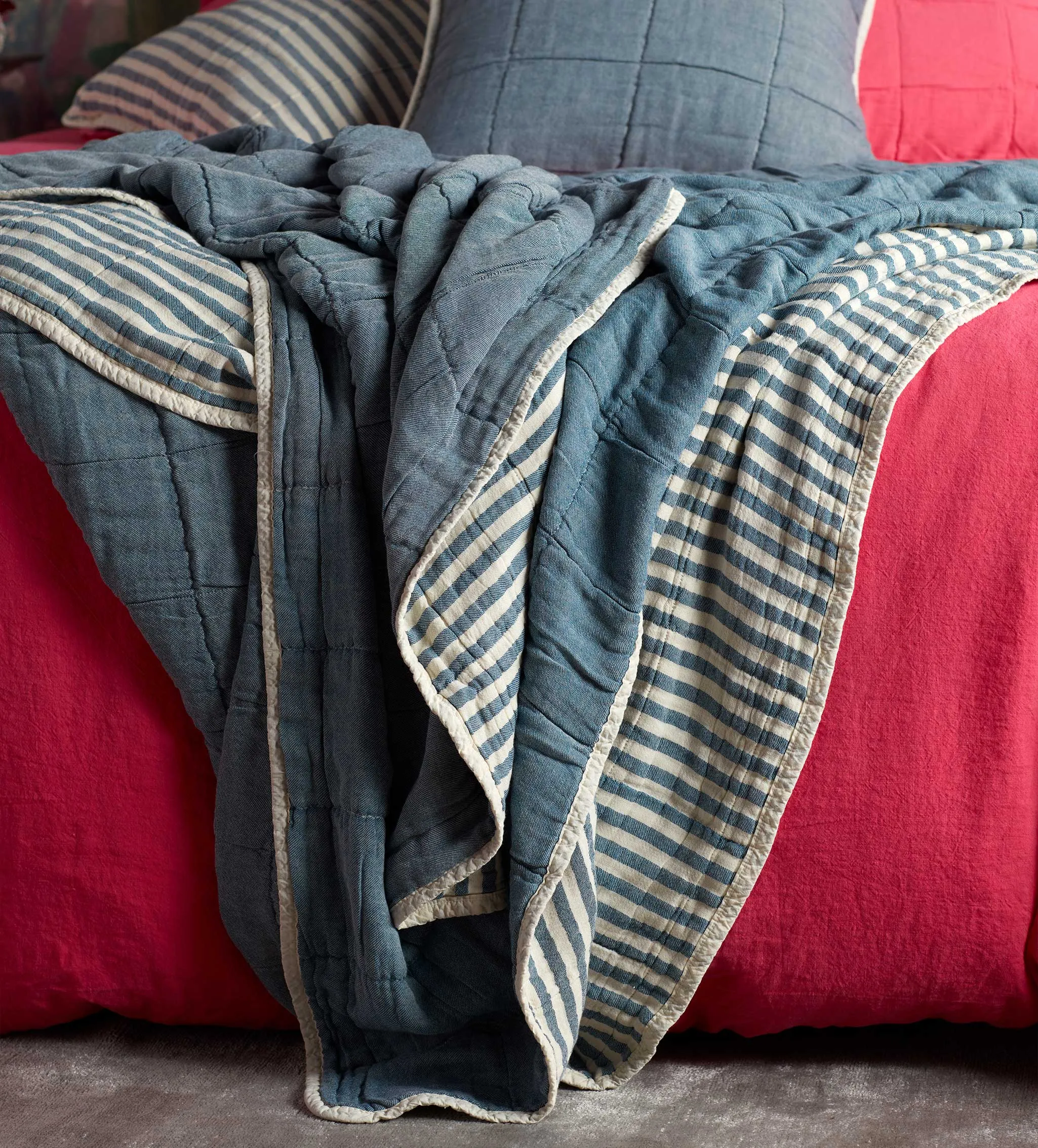 Teal Sam Stripe 100% Cotton Quilted Throw