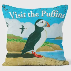 Visit The Puffins - Martin Wiscombe - Art Print Cushion