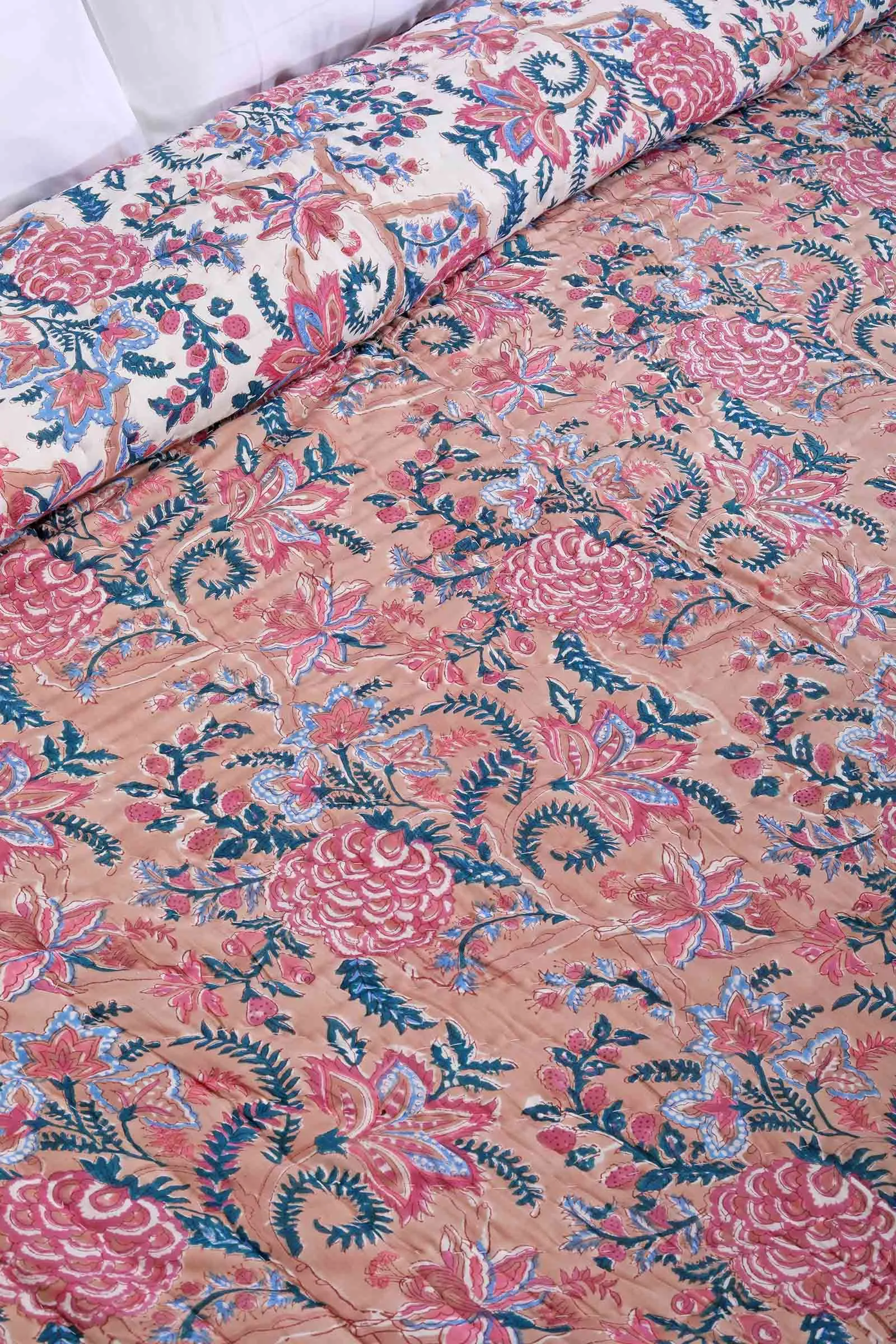 Vrindavan Peach Peoney Cotton Muslin Quilt
