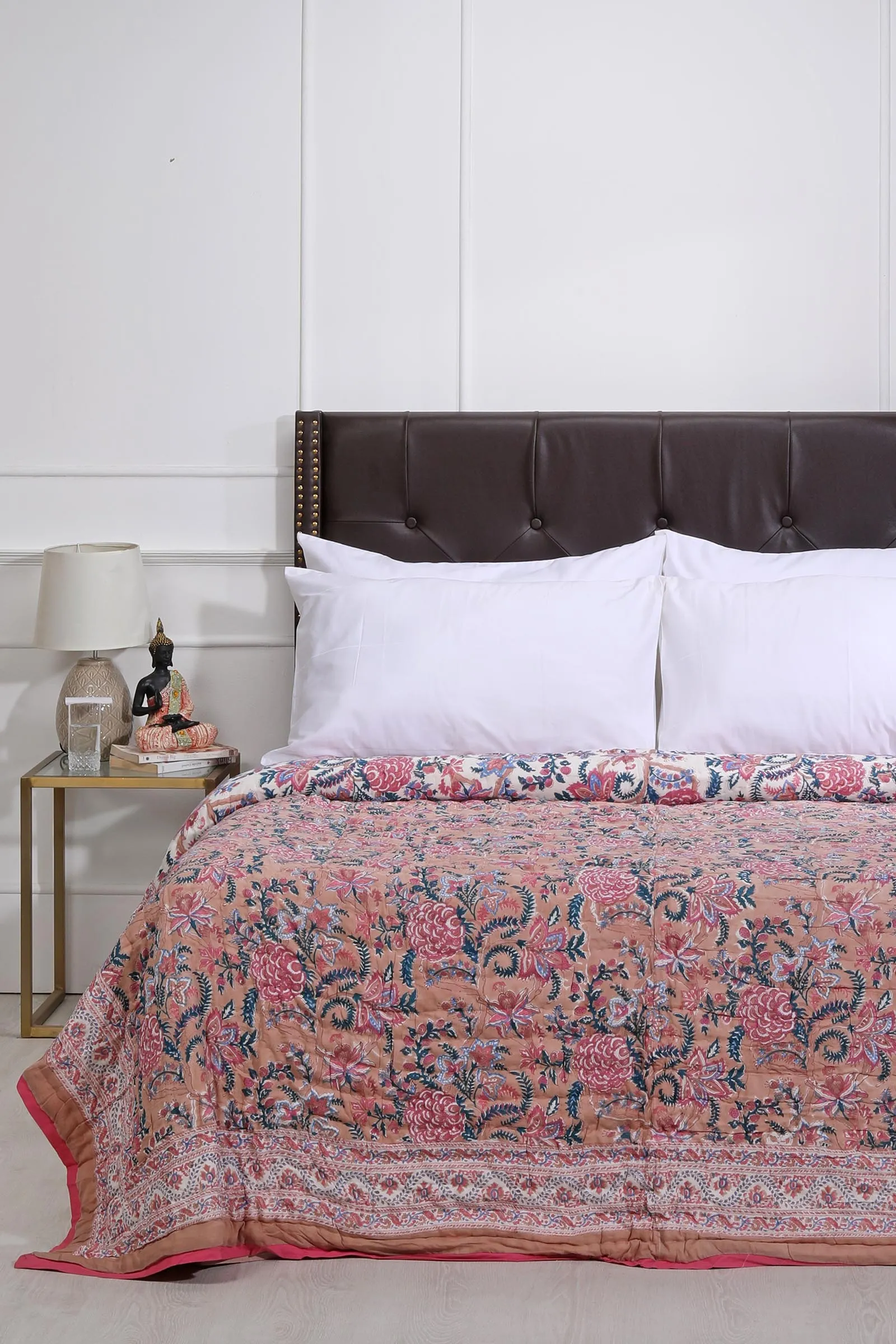 Vrindavan Peach Peoney Cotton Muslin Quilt