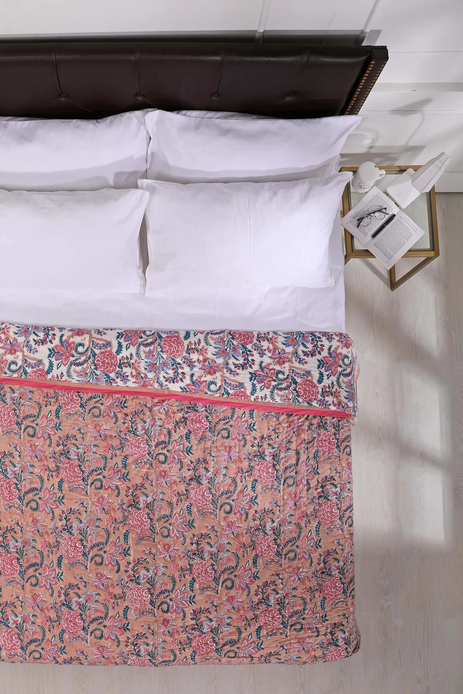 Vrindavan Peach Peoney Cotton Muslin Quilt