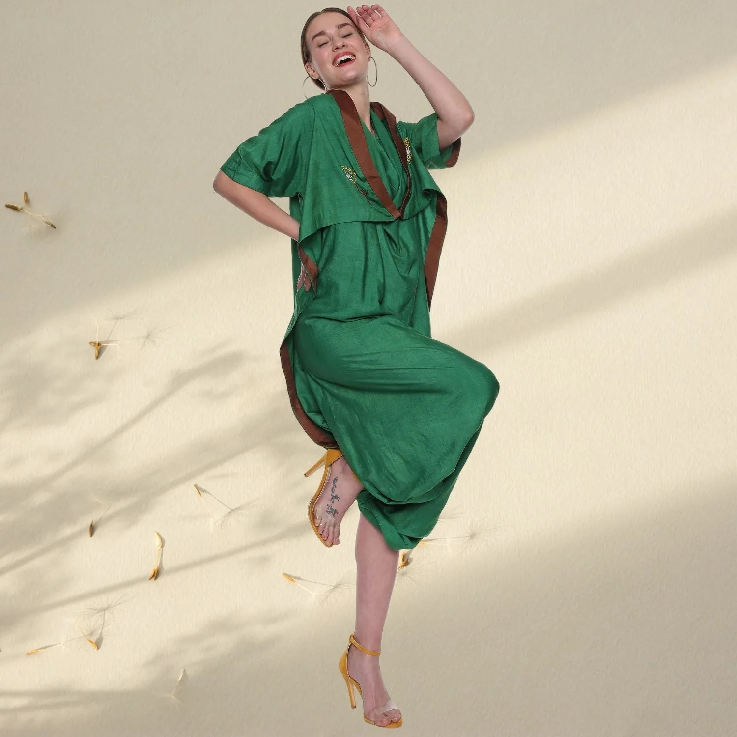 Zazie Tussar Drape Dress | Hand-Embroidered | Effortlessly Stylish