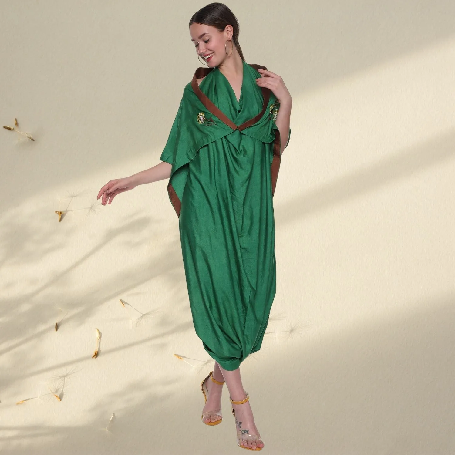 Zazie Tussar Drape Dress | Hand-Embroidered | Effortlessly Stylish